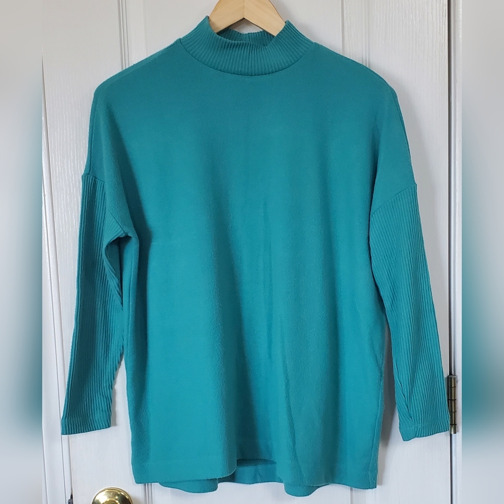 Loft Women's Mock Neck Ribbed Sweater, Ribbed Sleeves, Relaxed Fit, Sz XS